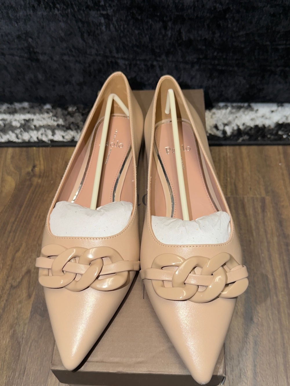 Paolo Pointed Toe Chain-Link Flats in Beige
